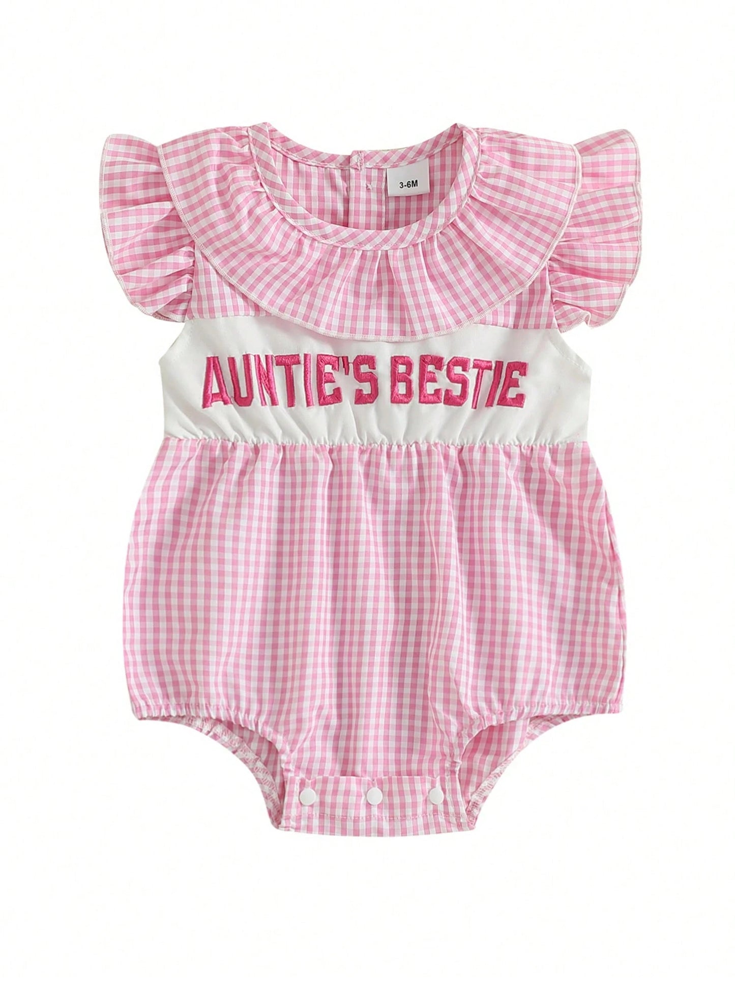 Aunties Bestie Baby Girl Clothes Aunt Saying Letter Embroidery Smocked Bubble Romper One-Piece Ruffle Plaid Bodysuit