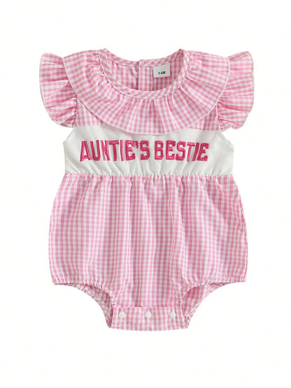 Aunties Bestie Baby Girl Clothes Aunt Saying Letter Embroidery Smocked Bubble Romper One-Piece Ruffle Plaid Bodysuit