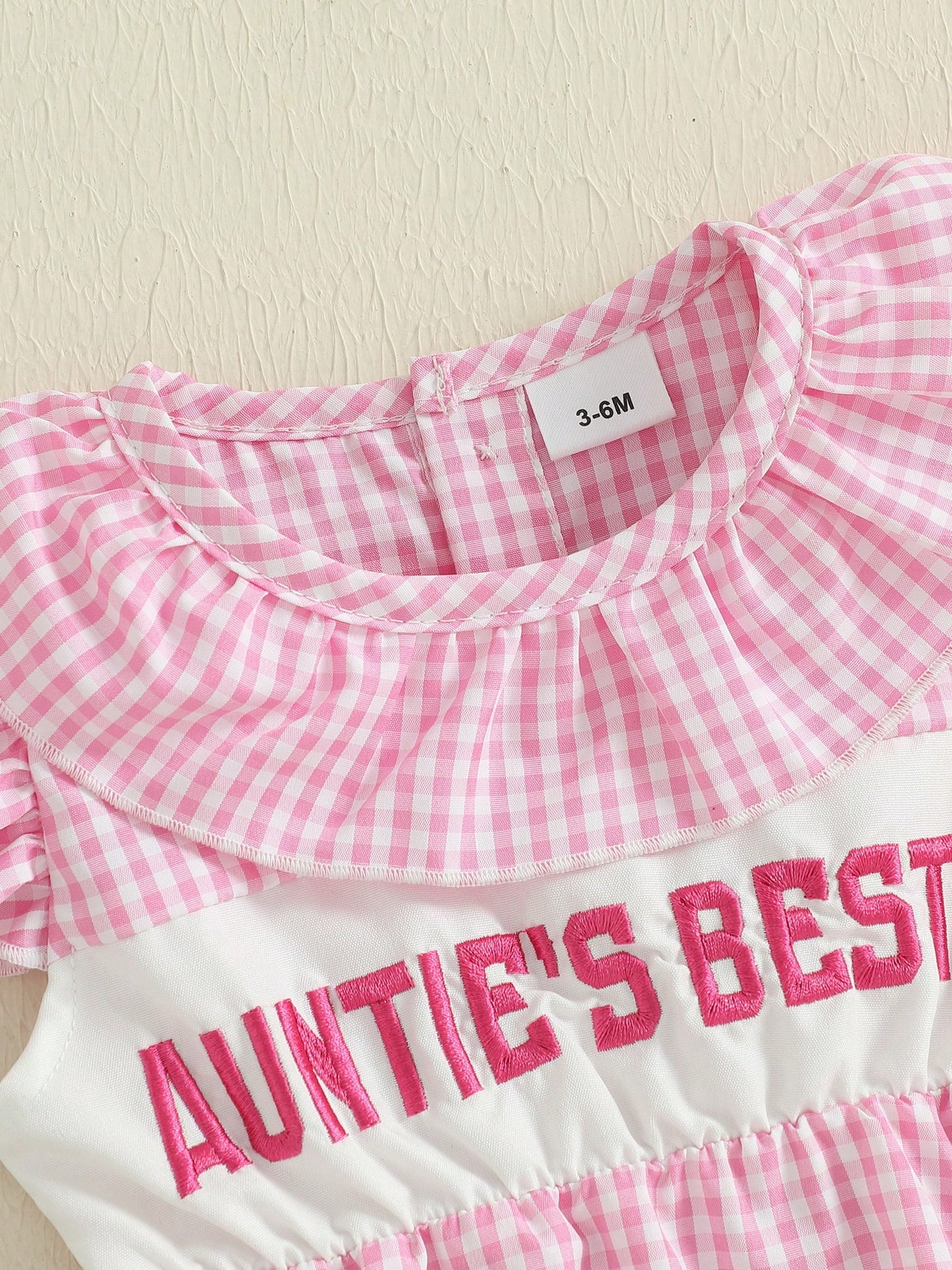 Aunties Bestie Baby Girl Clothes Aunt Saying Letter Embroidery Smocked Bubble Romper One-Piece Ruffle Plaid Bodysuit
