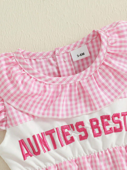 Aunties Bestie Baby Girl Clothes Aunt Saying Letter Embroidery Smocked Bubble Romper One-Piece Ruffle Plaid Bodysuit