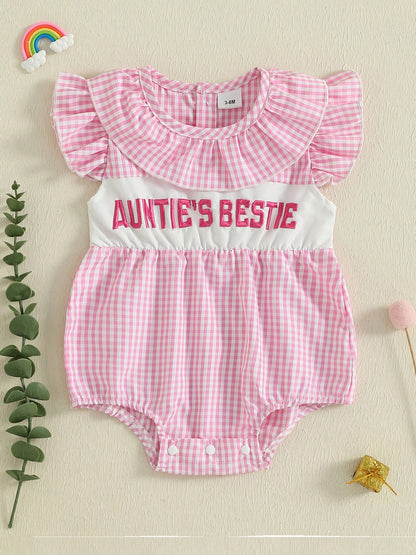 Aunties Bestie Baby Girl Clothes Aunt Saying Letter Embroidery Smocked Bubble Romper One-Piece Ruffle Plaid Bodysuit