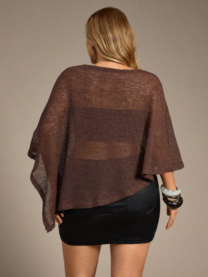 Auralis Chocolate Brown,Autumn,Elegant,Everyday Plus Size Knitted Jacquard Hollow-Out Poncho Top,Versatile One-Piece Halter Neck Shawl Collar Cover Up Blouse