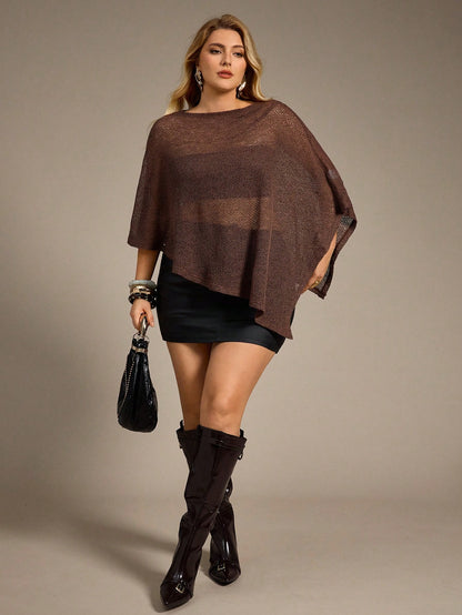 Auralis Chocolate Brown,Autumn,Elegant,Everyday Plus Size Knitted Jacquard Hollow-Out Poncho Top,Versatile One-Piece Halter Neck Shawl Collar Cover Up Blouse