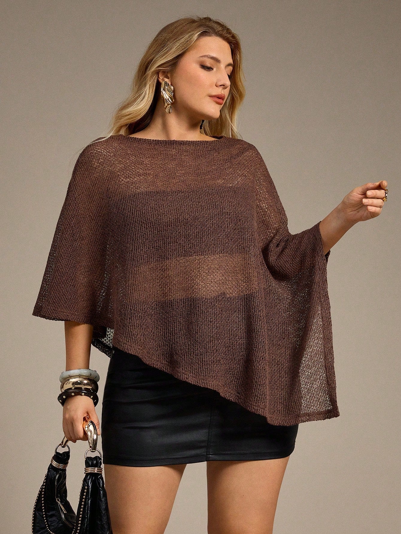 Auralis Chocolate Brown,Autumn,Elegant,Everyday Plus Size Knitted Jacquard Hollow-Out Poncho Top,Versatile One-Piece Halter Neck Shawl Collar Cover Up Blouse