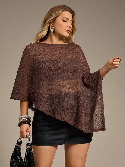 Auralis Chocolate Brown,Autumn,Elegant,Everyday Plus Size Knitted Jacquard Hollow-Out Poncho Top,Versatile One-Piece Halter Neck Shawl Collar Cover Up Blouse