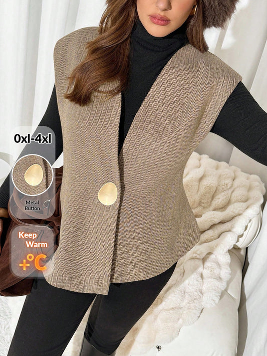 Auralis Plus Size Elegant Autumn Metal Button Sleeveless Vest Jacket, Women's Office Wear Wide Khaki Jacket, Old Money Style Winter Fall/Winter