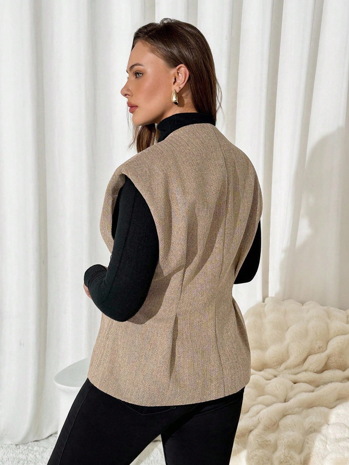 Auralis Plus Size Elegant Autumn Metal Button Sleeveless Vest Jacket, Women's Office Wear Wide Khaki Jacket, Old Money Style Winter Fall/Winter
