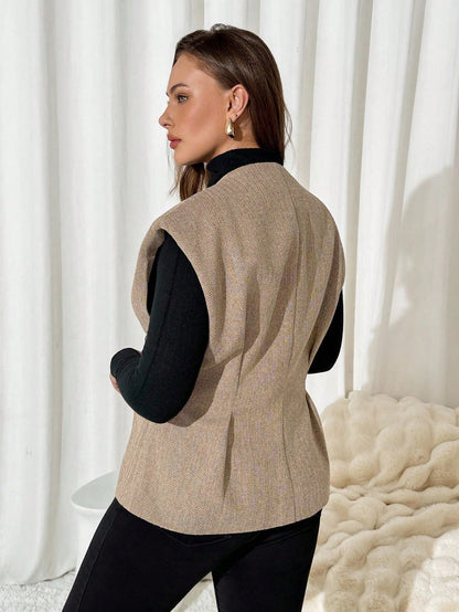 Auralis Plus Size Elegant Autumn Metal Button Sleeveless Vest Jacket, Women's Office Wear Wide Khaki Jacket, Old Money Style Winter Fall/Winter