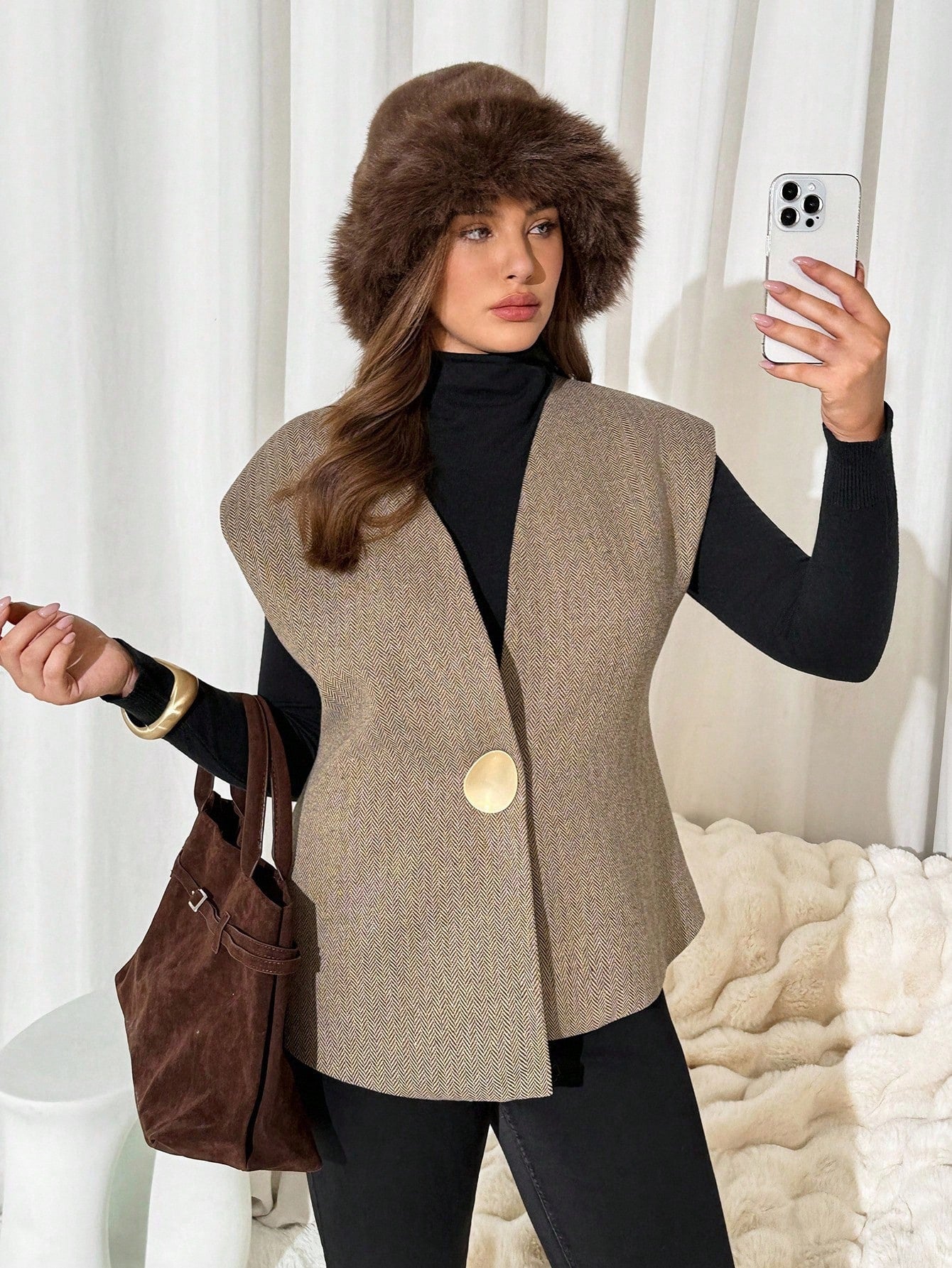 Auralis Plus Size Elegant Autumn Metal Button Sleeveless Vest Jacket, Women's Office Wear Wide Khaki Jacket, Old Money Style Winter Fall/Winter