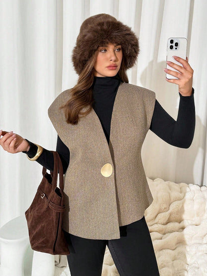 Auralis Plus Size Elegant Autumn Metal Button Sleeveless Vest Jacket, Women's Office Wear Wide Khaki Jacket, Old Money Style Winter Fall/Winter