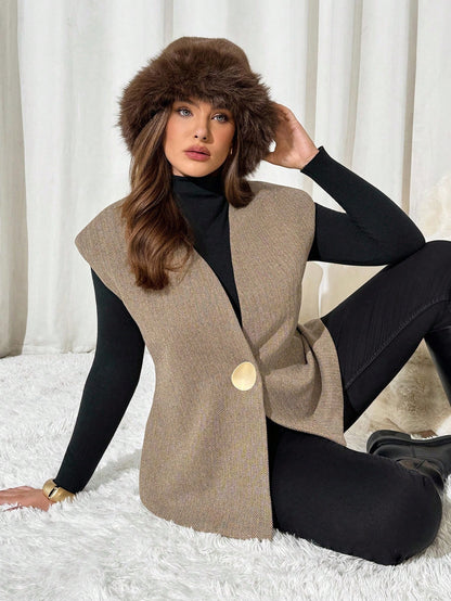 Auralis Plus Size Elegant Autumn Metal Button Sleeveless Vest Jacket, Women's Office Wear Wide Khaki Jacket, Old Money Style Winter Fall/Winter