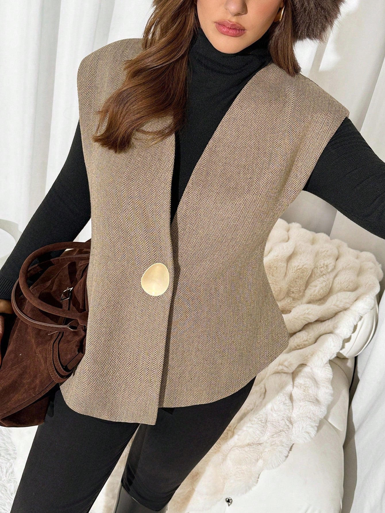 Auralis Plus Size Elegant Autumn Metal Button Sleeveless Vest Jacket, Women's Office Wear Wide Khaki Jacket, Old Money Style Winter Fall/Winter