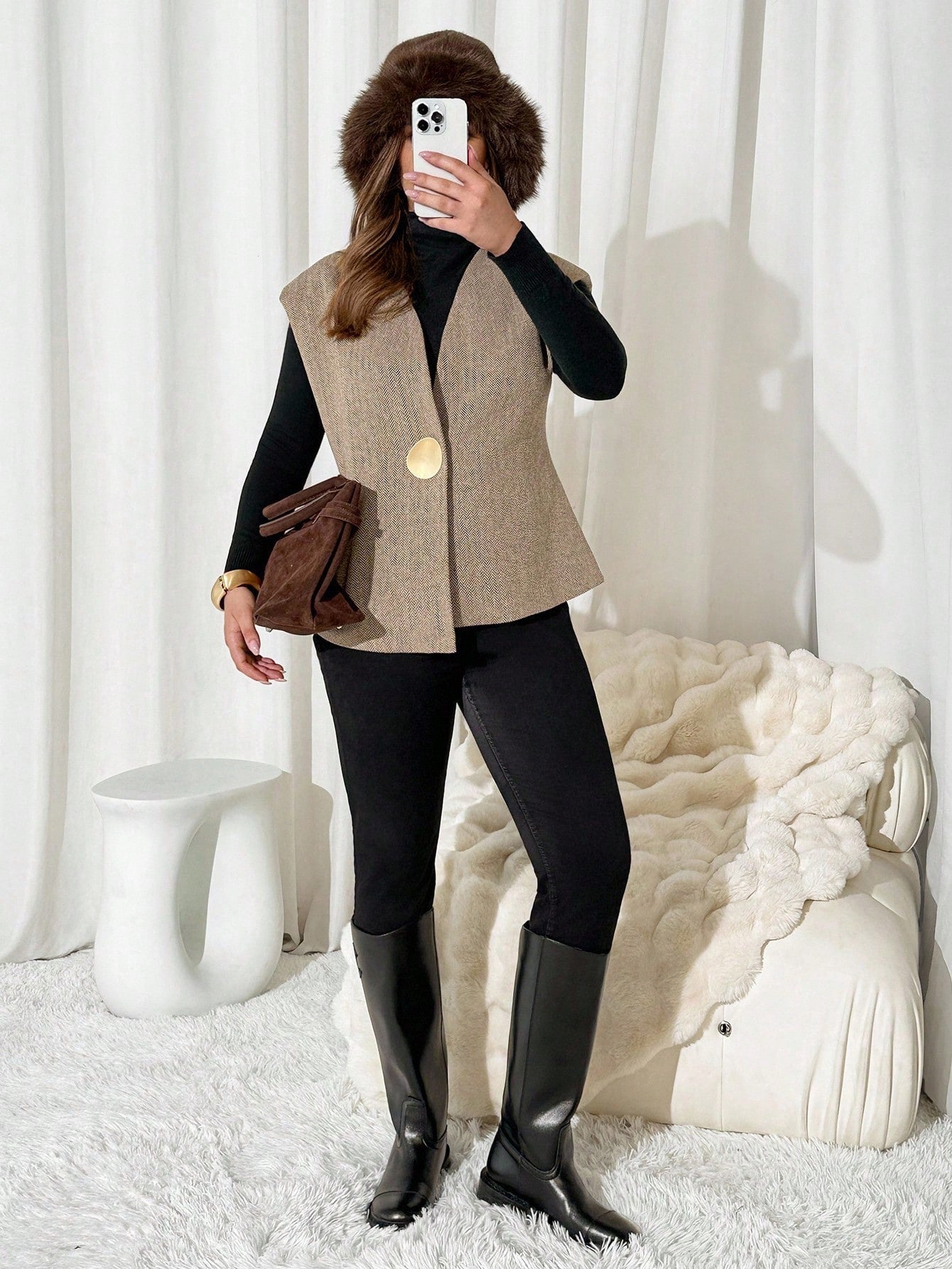 Auralis Plus Size Elegant Autumn Metal Button Sleeveless Vest Jacket, Women's Office Wear Wide Khaki Jacket, Old Money Style Winter Fall/Winter