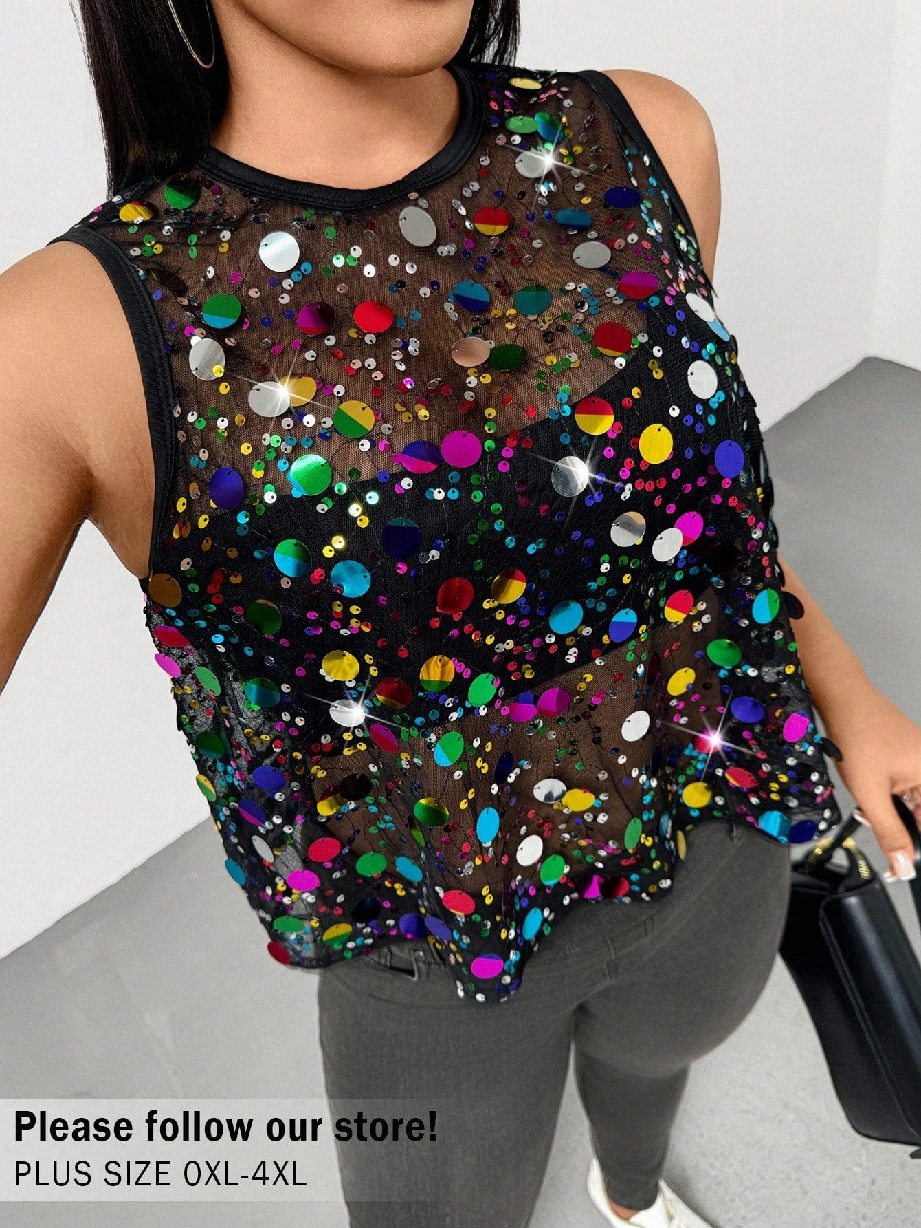 Auralis Plus Size Women's Black Summer Girlism Night Out Club Elegant Colorful Shiny Sequins Sleeveless See-Through Top,Y2K Rave Festival Beaded Tops