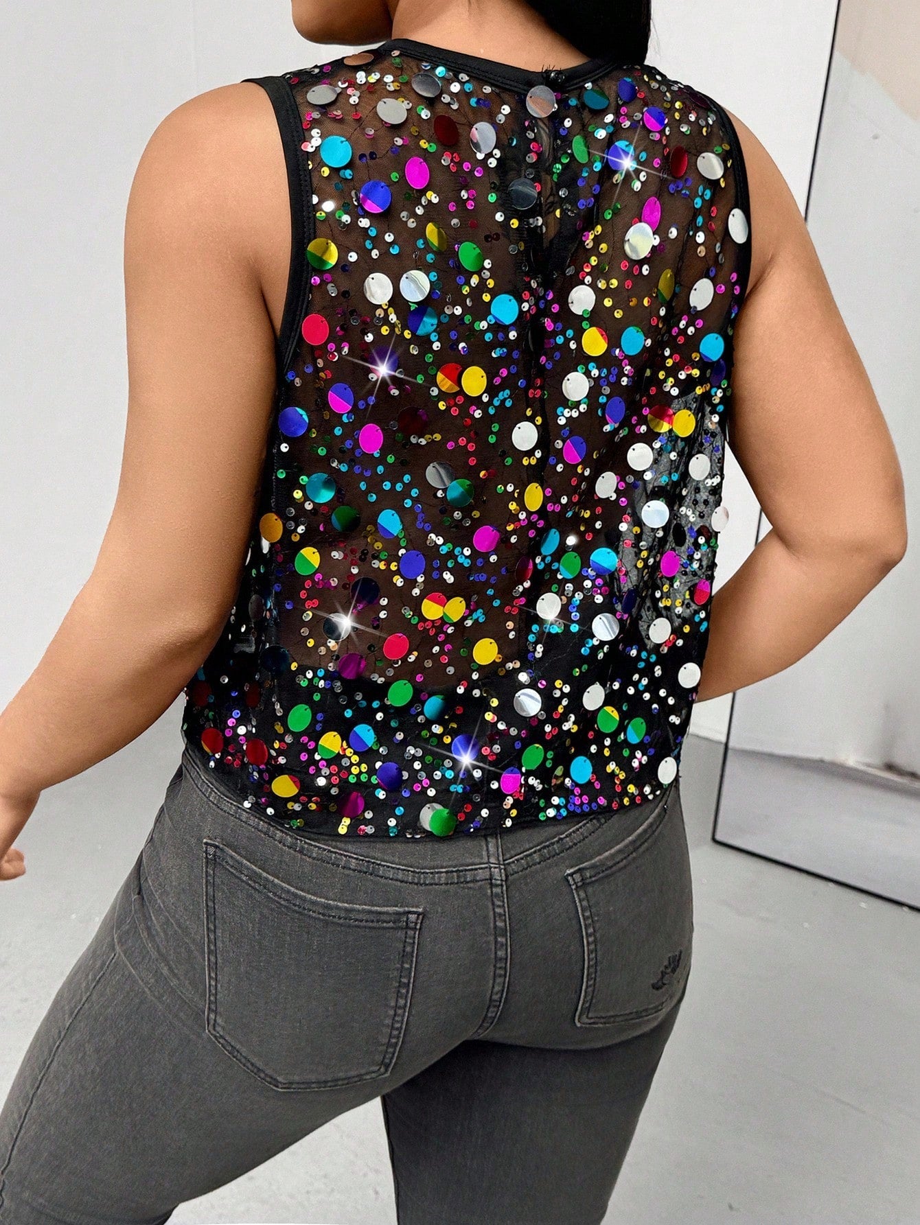 Auralis Plus Size Women's Black Summer Girlism Night Out Club Elegant Colorful Shiny Sequins Sleeveless See-Through Top,Y2K Rave Festival Beaded Tops