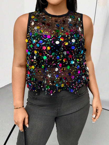 Auralis Plus Size Women's Black Summer Girlism Night Out Club Elegant Colorful Shiny Sequins Sleeveless See-Through Top,Y2K Rave Festival Beaded Tops