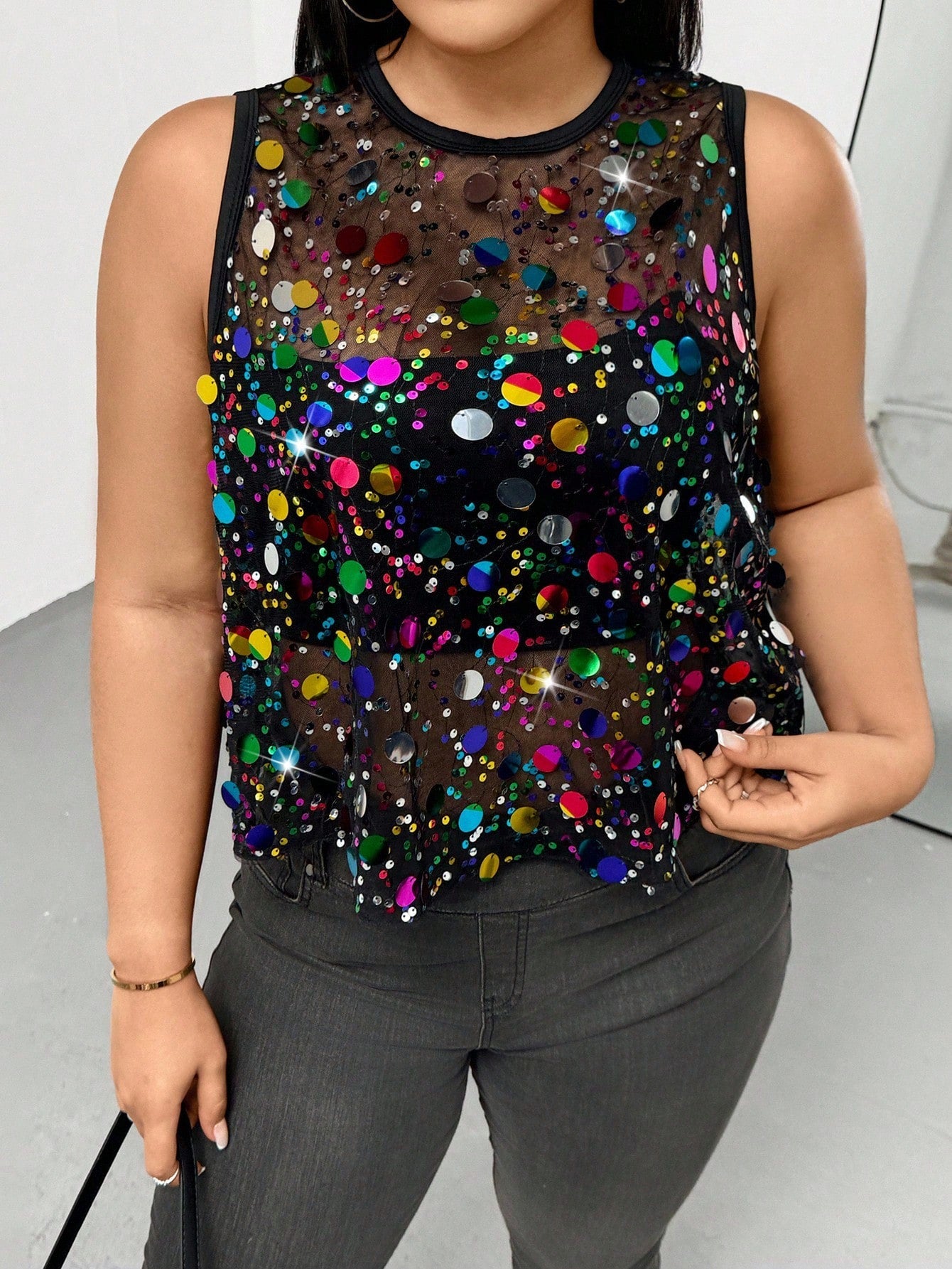 Auralis Plus Size Women's Black Summer Girlism Night Out Club Elegant Colorful Shiny Sequins Sleeveless See-Through Top,Y2K Rave Festival Beaded Tops