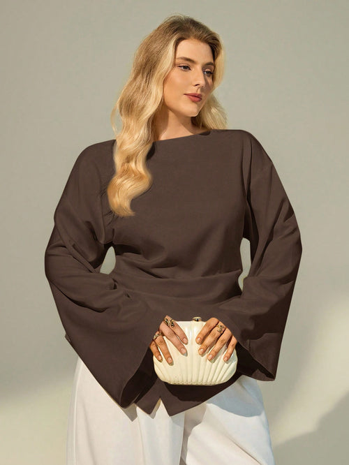 Auralis Plus Size Women Solid Color Long Sleeve Fitted Tops/ Brown Long Sleeve Top Brown Blouses For Women Chocolate Brown Top Coffee Brown Top Spring Fall