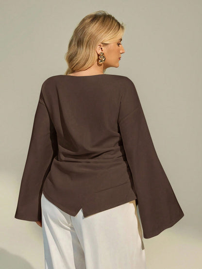 Auralis Plus Size Women Solid Color Long Sleeve Fitted Tops/ Brown Long Sleeve Top Brown Blouses For Women Chocolate Brown Top Coffee Brown Top Spring Fall