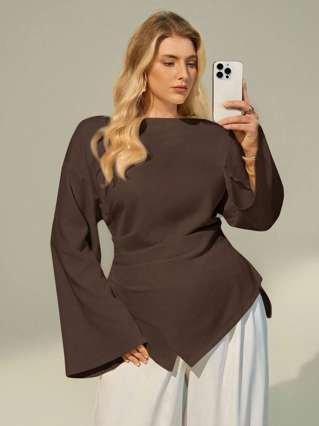 Auralis Plus Size Women Solid Color Long Sleeve Fitted Tops/ Brown Long Sleeve Top Brown Blouses For Women Chocolate Brown Top Coffee Brown Top Spring Fall