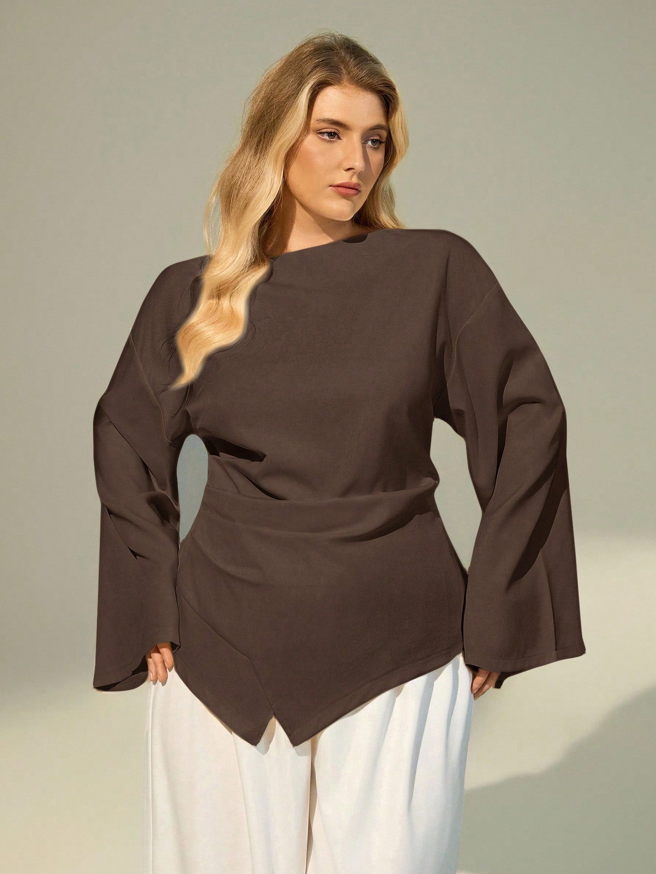 Auralis Plus Size Women Solid Color Long Sleeve Fitted Tops/ Brown Long Sleeve Top Brown Blouses For Women Chocolate Brown Top Coffee Brown Top Spring Fall