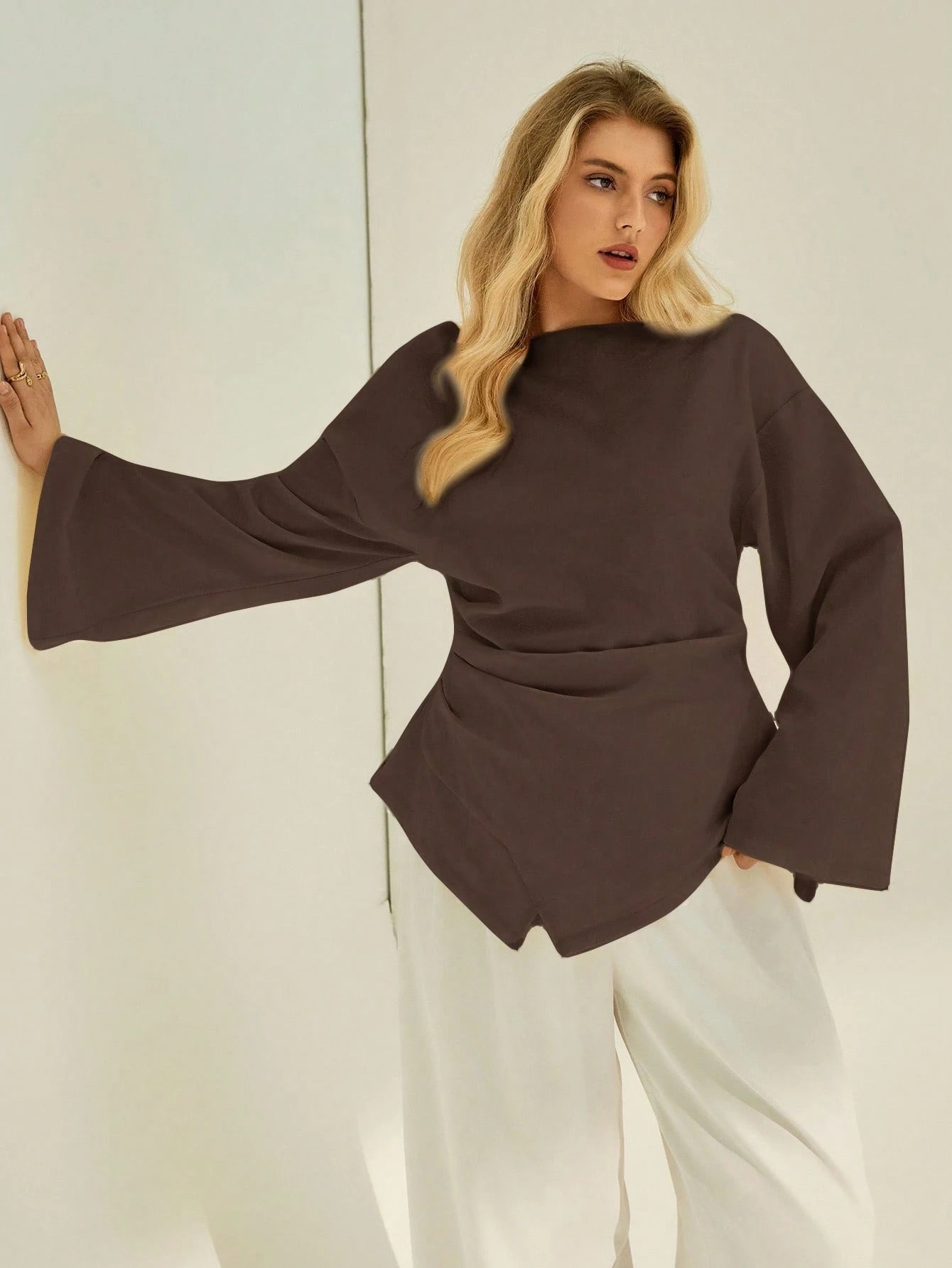 Auralis Plus Size Women Solid Color Long Sleeve Fitted Tops/ Brown Long Sleeve Top Brown Blouses For Women Chocolate Brown Top Coffee Brown Top Spring Fall