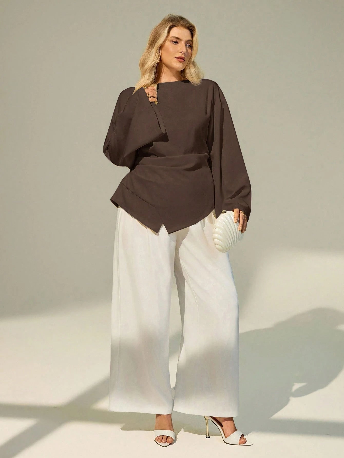Auralis Plus Size Women Solid Color Long Sleeve Fitted Tops/ Brown Long Sleeve Top Brown Blouses For Women Chocolate Brown Top Coffee Brown Top Spring Fall