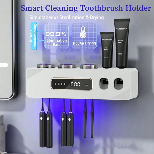 Automatic Toothpaste Dispenser, Rechargeable Toothbrush Holders For Bathrooms, 3 Cups Electric Toothbrush Holder Wall Mounted With Toothpaste Dispenser Bathroom Decor (Grey)