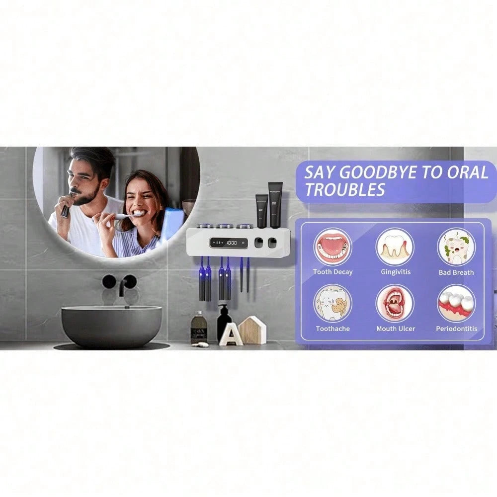 Automatic Toothpaste Dispenser, Rechargeable Toothbrush Holders For Bathrooms, 3 Cups Electric Toothbrush Holder Wall Mounted With Toothpaste Dispenser Bathroom Decor (Grey)