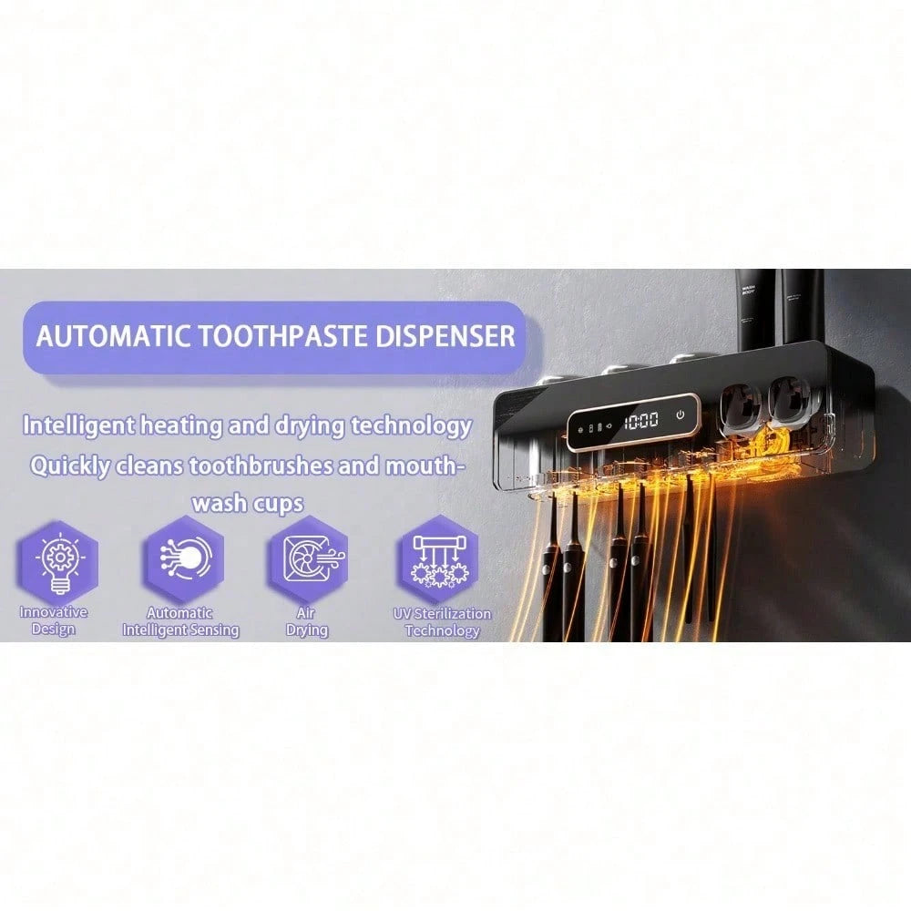 Automatic Toothpaste Dispenser, Rechargeable Toothbrush Holders For Bathrooms, 3 Cups Electric Toothbrush Holder Wall Mounted With Toothpaste Dispenser Bathroom Decor (Grey)