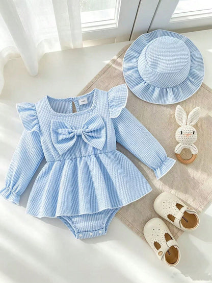 Autumn/Winter Baby Girl Striped Bodysuit With Large Bow Flutter Sleeves, Versatile Outing Outfit For Infants And Toddlers, Comes With Sun Hat, Newborn Spring/Autumn Holiday Gift