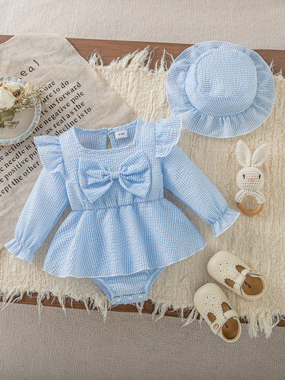 Autumn/Winter Baby Girl Striped Bodysuit With Large Bow Flutter Sleeves, Versatile Outing Outfit For Infants And Toddlers, Comes With Sun Hat, Newborn Spring/Autumn Holiday Gift