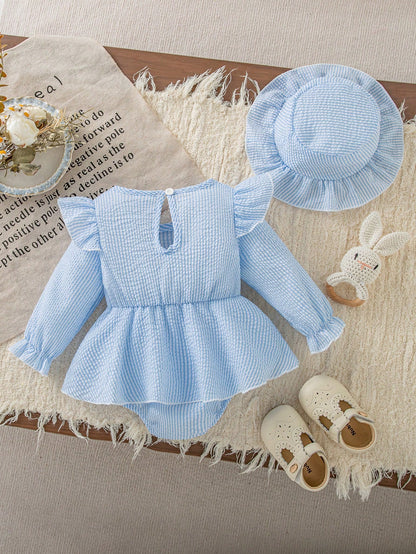 Autumn/Winter Baby Girl Striped Bodysuit With Large Bow Flutter Sleeves, Versatile Outing Outfit For Infants And Toddlers, Comes With Sun Hat, Newborn Spring/Autumn Holiday Gift