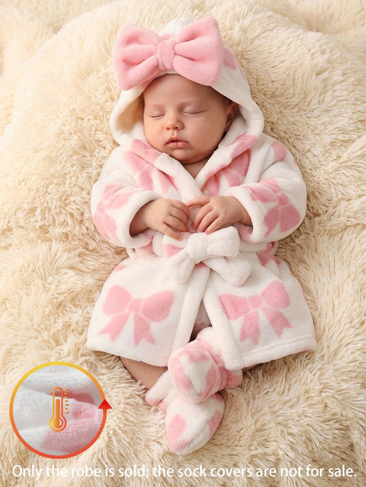 Autumn/Winter Double-Sided Flannel Bow Print Baby Girl Newborn Bathrobe Nightgown