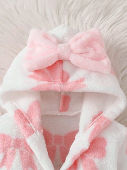 Autumn/Winter Double-Sided Flannel Bow Print Baby Girl Newborn Bathrobe Nightgown