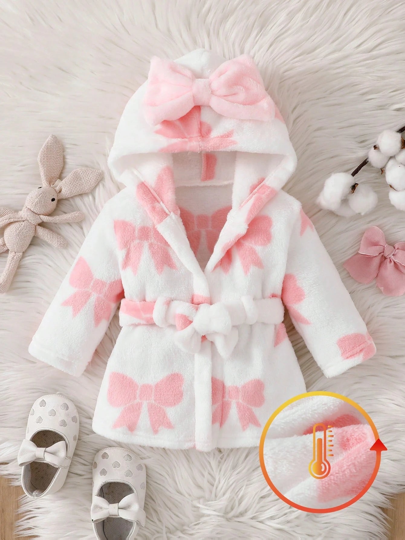 Autumn/Winter Double-Sided Flannel Bow Print Baby Girl Newborn Bathrobe Nightgown