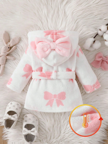 Autumn/Winter Double-Sided Flannel Bow Print Baby Girl Newborn Bathrobe Nightgown