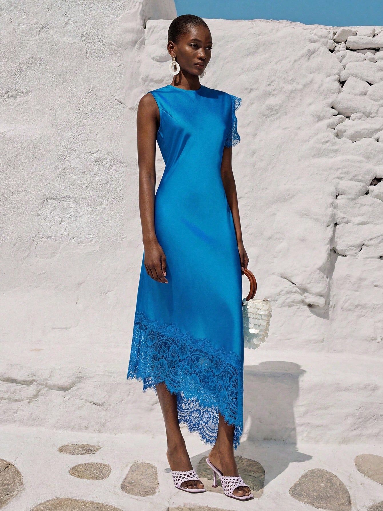 Aveloria Modichic Aqua Blue Summer Elegant Holiday Wedding Guest Holiday Lake Blue Satin-Feel Round Neck Waist Cinched Asymmetric Sleeve Contrast Lace Design Dress