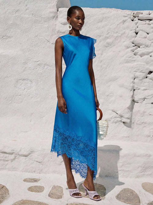 Aveloria Modichic Aqua Blue Summer Elegant Holiday Wedding Guest Holiday Lake Blue Satin-Feel Round Neck Waist Cinched Asymmetric Sleeve Contrast Lace Design Dress