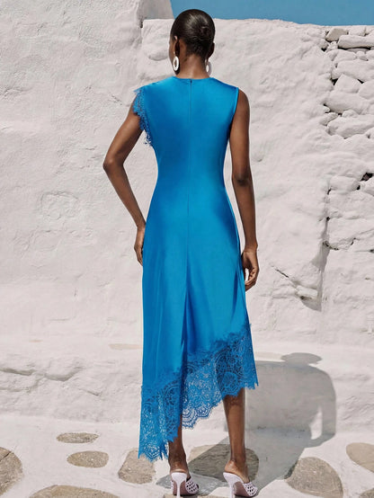 Aveloria Modichic Aqua Blue Summer Elegant Holiday Wedding Guest Holiday Lake Blue Satin-Feel Round Neck Waist Cinched Asymmetric Sleeve Contrast Lace Design Dress
