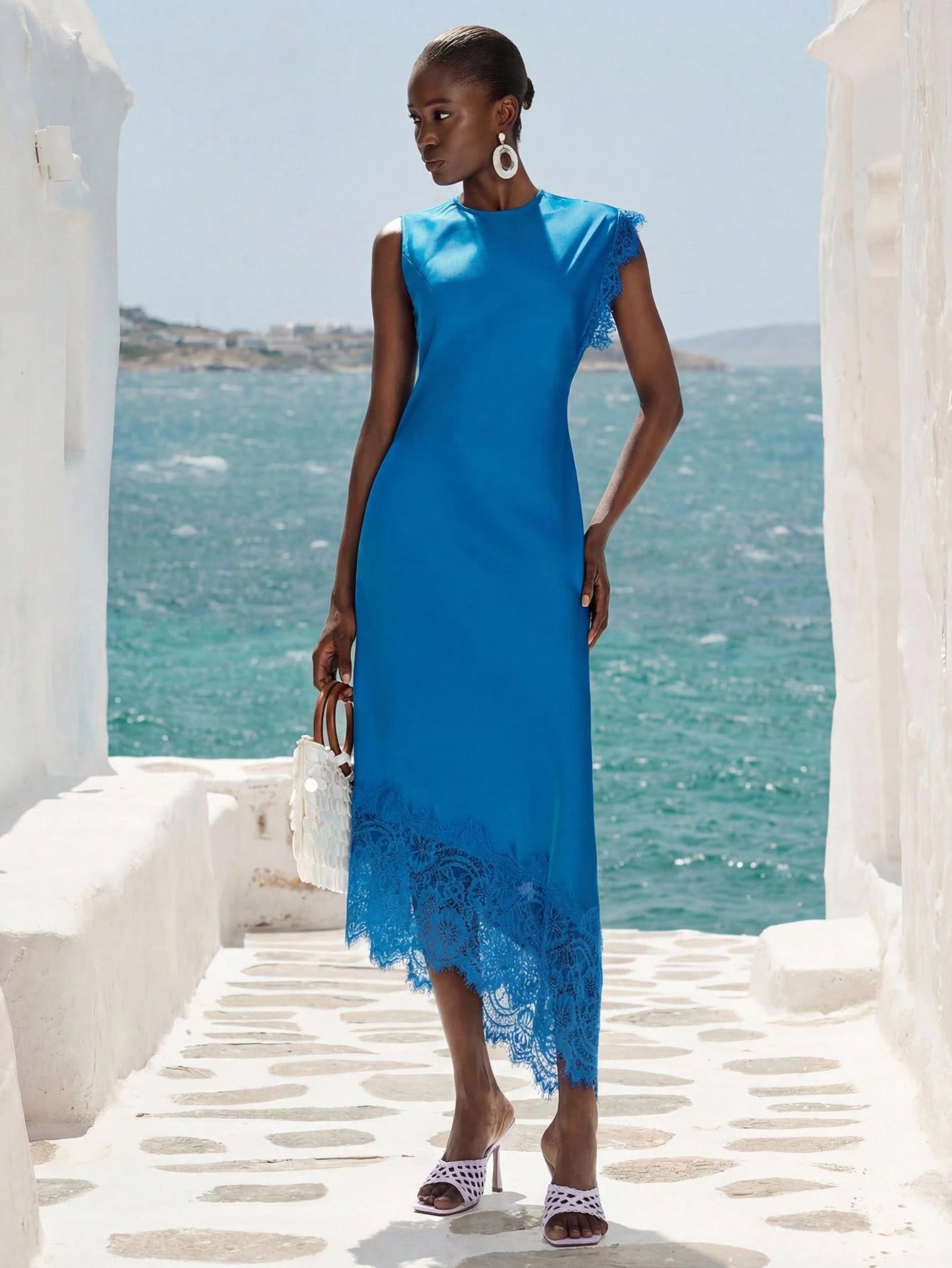 Aveloria Modichic Aqua Blue Summer Elegant Holiday Wedding Guest Holiday Lake Blue Satin-Feel Round Neck Waist Cinched Asymmetric Sleeve Contrast Lace Design Dress