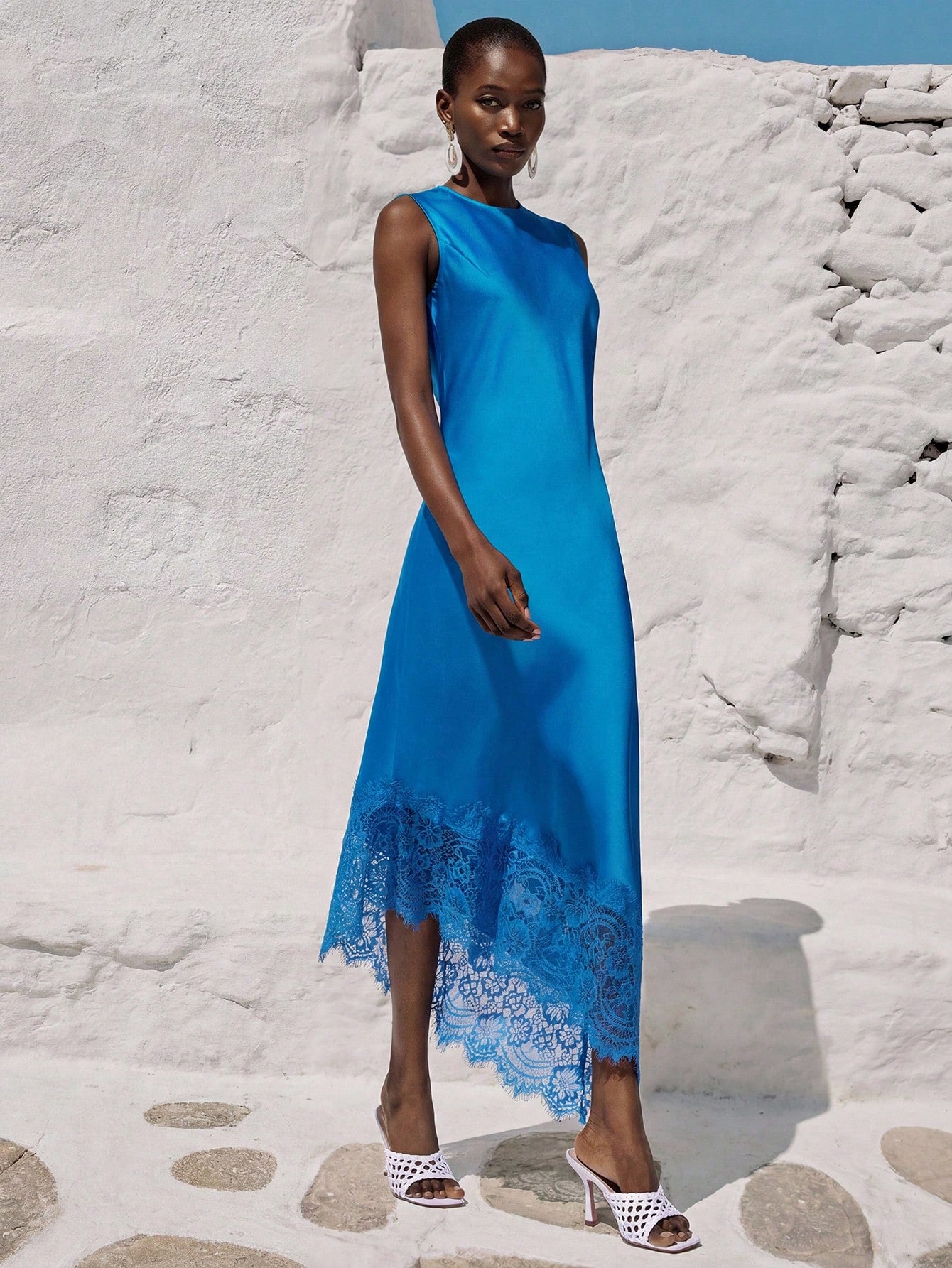 Aveloria Modichic Aqua Blue Summer Elegant Holiday Wedding Guest Holiday Lake Blue Satin-Feel Round Neck Waist Cinched Asymmetric Sleeve Contrast Lace Design Dress