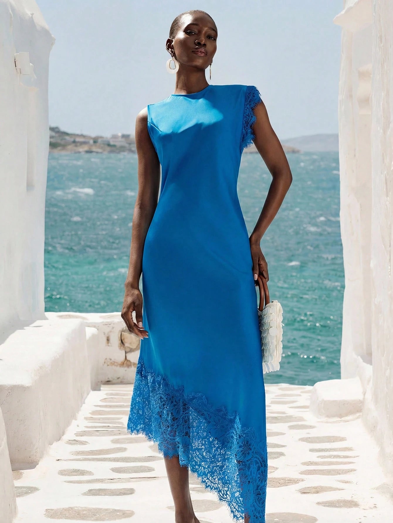 Aveloria Modichic Aqua Blue Summer Elegant Holiday Wedding Guest Holiday Lake Blue Satin-Feel Round Neck Waist Cinched Asymmetric Sleeve Contrast Lace Design Dress