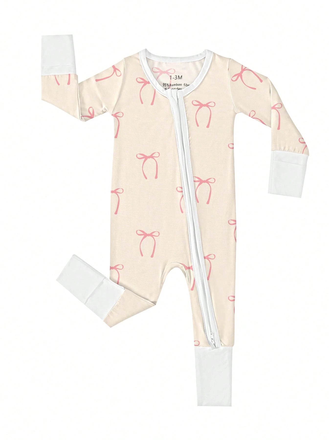 Baby Bamboo Fiber Zip-Up, Bow Print Romper, All-Season Knit Fabric Skinny Fit With Zipper Detail, Girl Baby Clothes, Perfect For Outdoor