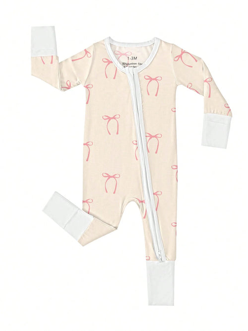 Baby Bamboo Fiber Zip-Up, Bow Print Romper, All-Season Knit Fabric Skinny Fit With Zipper Detail, Girl Baby Clothes, Perfect For Outdoor