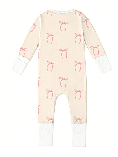 Baby Bamboo Fiber Zip-Up, Bow Print Romper, All-Season Knit Fabric Skinny Fit With Zipper Detail, Girl Baby Clothes, Perfect For Outdoor