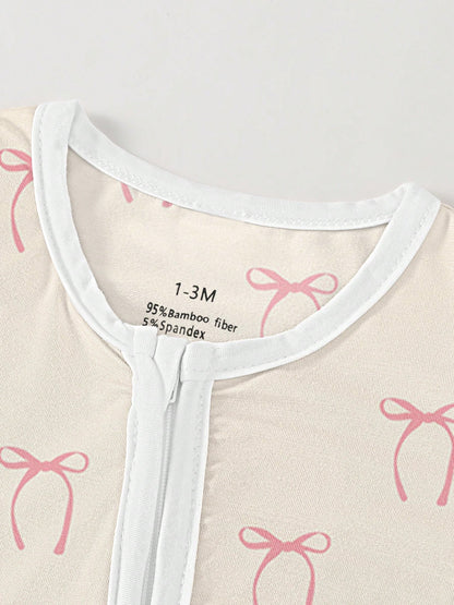 Baby Bamboo Fiber Zip-Up, Bow Print Romper, All-Season Knit Fabric Skinny Fit With Zipper Detail, Girl Baby Clothes, Perfect For Outdoor