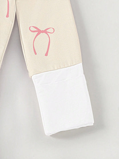 Baby Bamboo Fiber Zip-Up, Bow Print Romper, All-Season Knit Fabric Skinny Fit With Zipper Detail, Girl Baby Clothes, Perfect For Outdoor