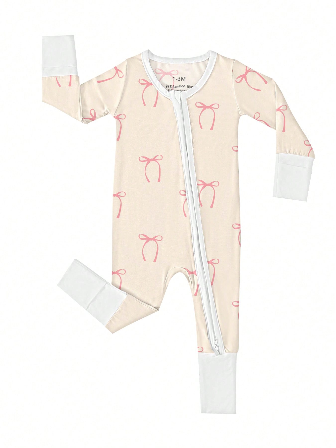 Baby Bamboo Fiber Zip-Up, Bow Print Romper, All-Season Knit Fabric Skinny Fit With Zipper Detail, Girl Baby Clothes, Perfect For Outdoor