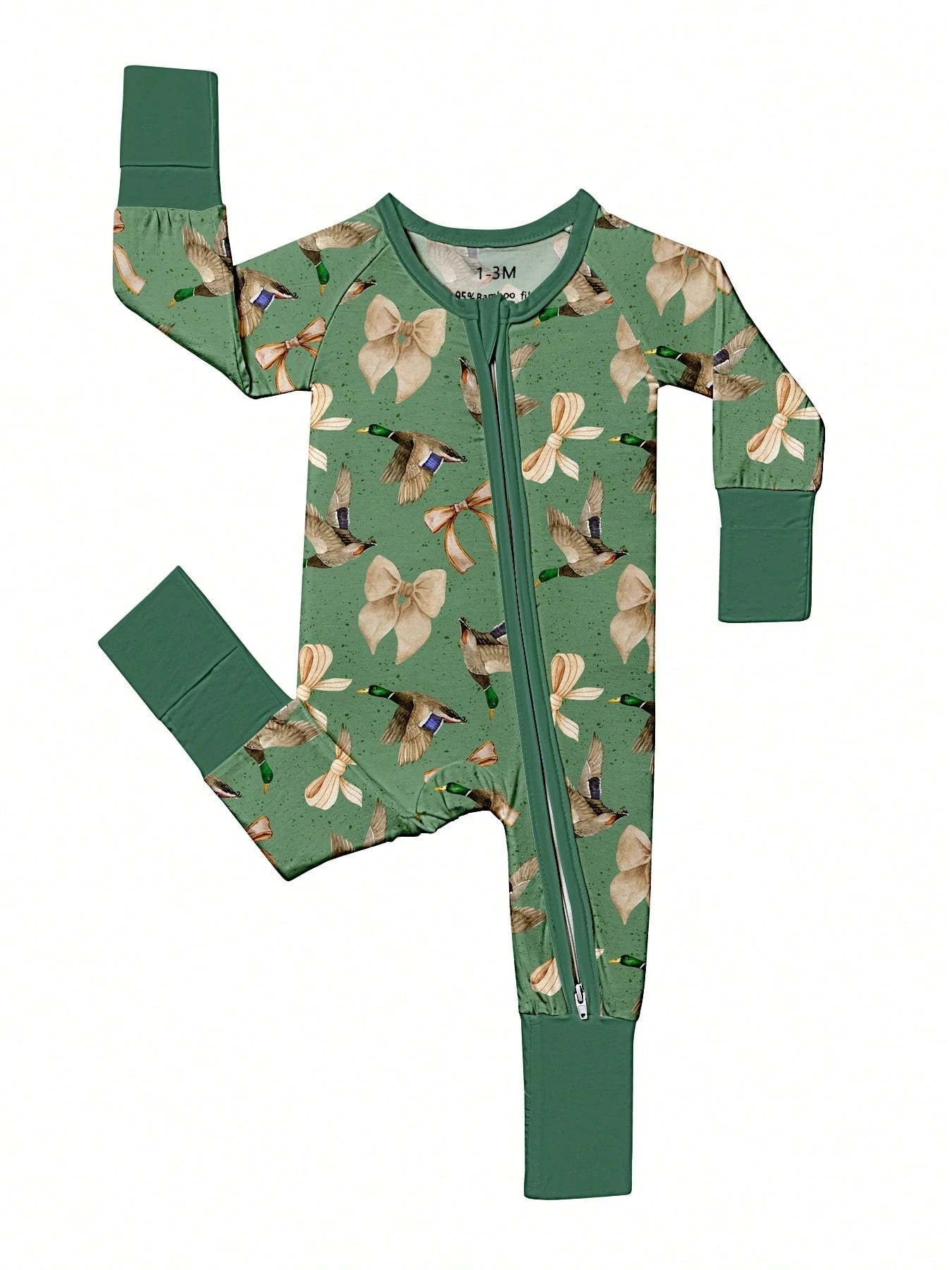 Baby Bamboo Fiber Zip-Up,Bow Wild Duck Gose Print Romper, All-Season Knit Fabric Skinny Fit With Zipper Detail, Baby Girl Clothes, Perfect For Outdoor